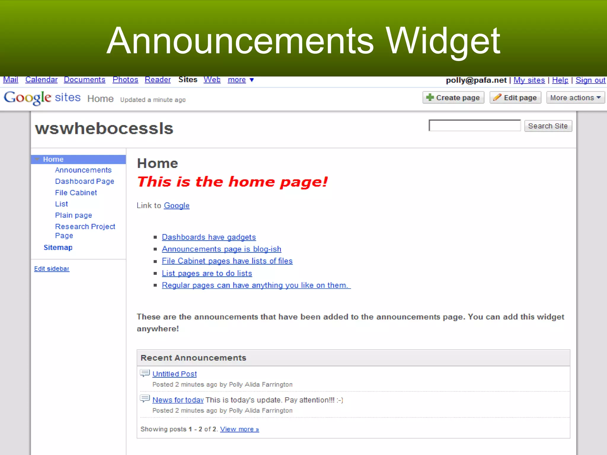 Announcements Widget 