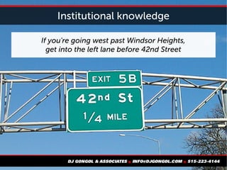 Institutional knowledge
If you're going west past Windsor Heights,
get into the left lane before 42nd Street
 