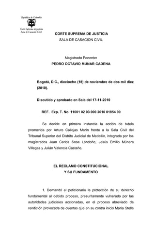CORTE SUPREMA DE JUSTICIA
SALA DE CASACION CIVIL
Magistrado Ponente:
PEDRO OCTAVIO MUNAR CADENA
Bogotá, D.C., dieciocho (18) de noviembre de dos mil diez
(2010).
Discutido y aprobado en Sala del 17-11-2010
REF. Exp. T. No. 11001 02 03 000 2010 01854 00
Se decide en primera instancia la acción de tutela
promovida por Arturo Callejas Marín frente a la Sala Civil del
Tribunal Superior del Distrito Judicial de Medellín, integrada por los
magistrados Juan Carlos Sosa Londoño, Jesús Emilio Múnera
Villegas y Julián Valencia Castaño.
EL RECLAMO CONSTITUCIONAL
Y SU FUNDAMENTO
1. Demandó el peticionario la protección de su derecho
fundamental al debido proceso, presuntamente vulnerado por las
autoridades judiciales accionadas, en el proceso abreviado de
rendición provocada de cuentas que en su contra inició María Stella
 