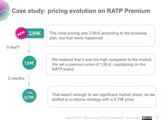Case study: pricing evolution on RATP Premium


               The initial pricing was 2,99 € according to the business
               plan, but that never happened

0 day!!!


                We realized that it was too high compared to the market.
                We set a premium price of 1,59 €, capitalizing on the
                RATP brand

2 months



                That wasn’t enough to win significant market share, so we
                shifted to a volume strategy with a 0,79€ price


                                                                                       ..…….
                        January 2010 • Marketing your iPhone application #appstudy •   13
 