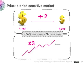 Price: a price-sensitive market


                                     2

        1,59€                                              0,79€
          A   50% price cut led to 3x          more sales



                   3                                 Sales




                                                                                     ..…….
                      January 2010 • Marketing your iPhone application #appstudy •   20
 