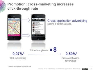 Promotion: cross-marketing increases
click-through rate


                                                    Cross-application advertising
                                                    seems a better solution




                                Click-through rate          8
       0,07%*                                                                0,59%*
   Web advertising                                                     Cross-application
                                                                          advertising

* Source: appfigures for RATP Lite                                                                    ..…….
                                       January 2010 • Marketing your iPhone application #appstudy •   22
 
