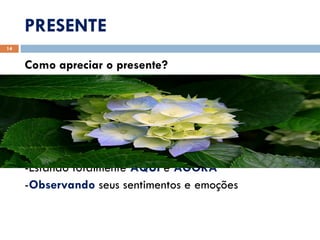 PRESENTE Como apreciar o presente? -Estando totalmente  AQUI  e  AGORA - Observando  seus sentimentos e emoções 