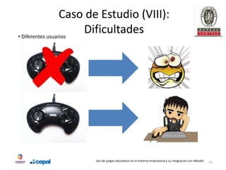 Caso de Estudio (VIII):
• Diferentes usuarios
                      Dificultades




                     Uso de juegos educativos en el entorno empresarial y su integración con Moodle   15
 