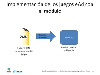 Implementación de los juegos eAd con
            el módulo



                       Generar
                       entradas                                Módulo



     Fichero XML                                        Módulo interno
   de evaluación del                                      a Moodle
         juego




                          Uso de juegos educativos en el entorno empresarial y su integración con Moodle   22
 
