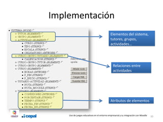 Implementación
                                             Elementos del sistema,
                                             tutores, grupos,
                                             actividades…




                                               Relaciones entre
                                               actividades




                                             Atributos de elementos


    Uso de juegos educativos en el entorno empresarial y su integración con Moodle   33
 