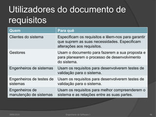 Especificações baseadas em modelosEstruturaDefinição da função ou entidadeDescrição de entradas e sua origemDescrição de saídas e seu destinoIndicação de outras entidades requeridasPré e pós-condições (se apropriado)Efeitos laterais da função (se houver)2009/201036Engenharia do Software I