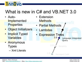 What is new in C# and VB.NET 3.0
    • Auto-                                             • Extension
      Implemented                                         Methods
      Properties                                        • Partial Methods
    • Object Initializers                               • Lambdas      4.0                     Dynamic
                                                                                               Programming
    • Implicit Typed                                    • Expression Trees
      Variables                                                                   3.0      Language Integrated
                                                                                           Query
    • Anonymous
                                                                            2.0         Generics
      Types
           – Xml Literals
                                                                      1.0
                                                                                   Managed Code

Relatore: Marco Parenzan                                                                           www.1nn0va.net
Mail: marco.parenzan@libero.it – Blog: http://blog.codeisvalue.com/                                info@1nn0va.net
 
