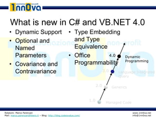 What is new in C# and VB.NET 4.0
    • Dynamic Support                                   • Type Embedding
    • Optional and                                        and Type
      Named                                               Equivalence
      Parameters                                        • Office      4.0                      Dynamic
                                                                                               Programming
    • Covariance and                                      Programmability
      Contravariance                                                              3.0      Language Integrated
                                                                                           Query

                                                                            2.0         Generics


                                                                      1.0
                                                                                   Managed Code

Relatore: Marco Parenzan                                                                           www.1nn0va.net
Mail: marco.parenzan@libero.it – Blog: http://blog.codeisvalue.com/                                info@1nn0va.net
 