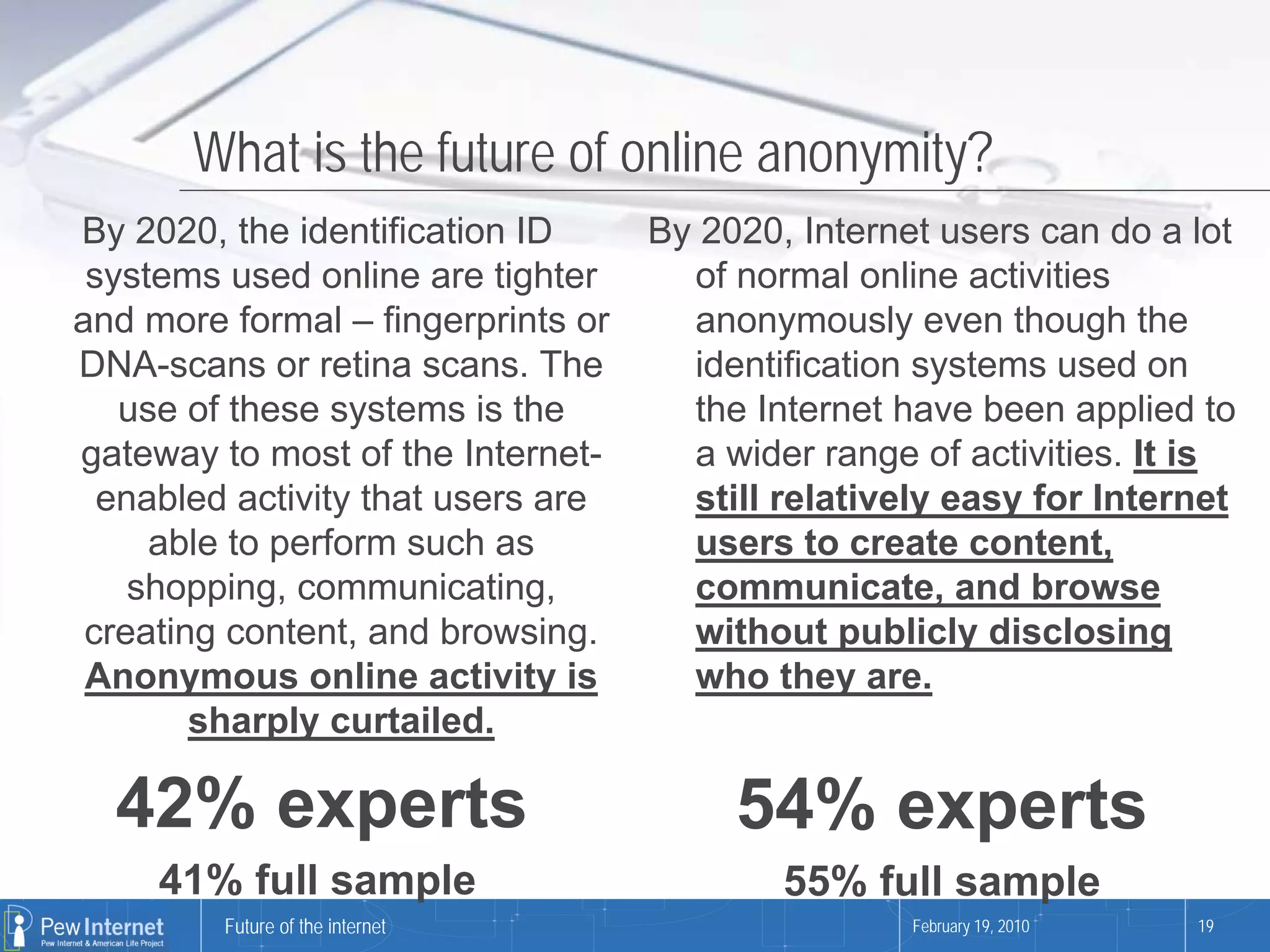 What is the future of online anonymity?
By 2020, the identification ID      By 2020, Internet users can do a lot
 systems used online are tighter      of normal online activities
and more formal – fingerprints or     anonymously even though the
DNA-scans or retina scans. The        identification systems used on
   use of these systems is the        the Internet have been applied to
gateway to most of the Internet-      a wider range of activities. It is
  enabled activity that users are     still relatively easy for Internet
     able to perform such as          users to create content,
    shopping, communicating,          communicate, and browse
 creating content, and browsing.      without publicly disclosing
 Anonymous online activity is         who they are.
        sharply curtailed.

  42% experts                            54% experts
     41% full sample                        55% full sample
         Future of the internet                     February 19, 2010   19
 