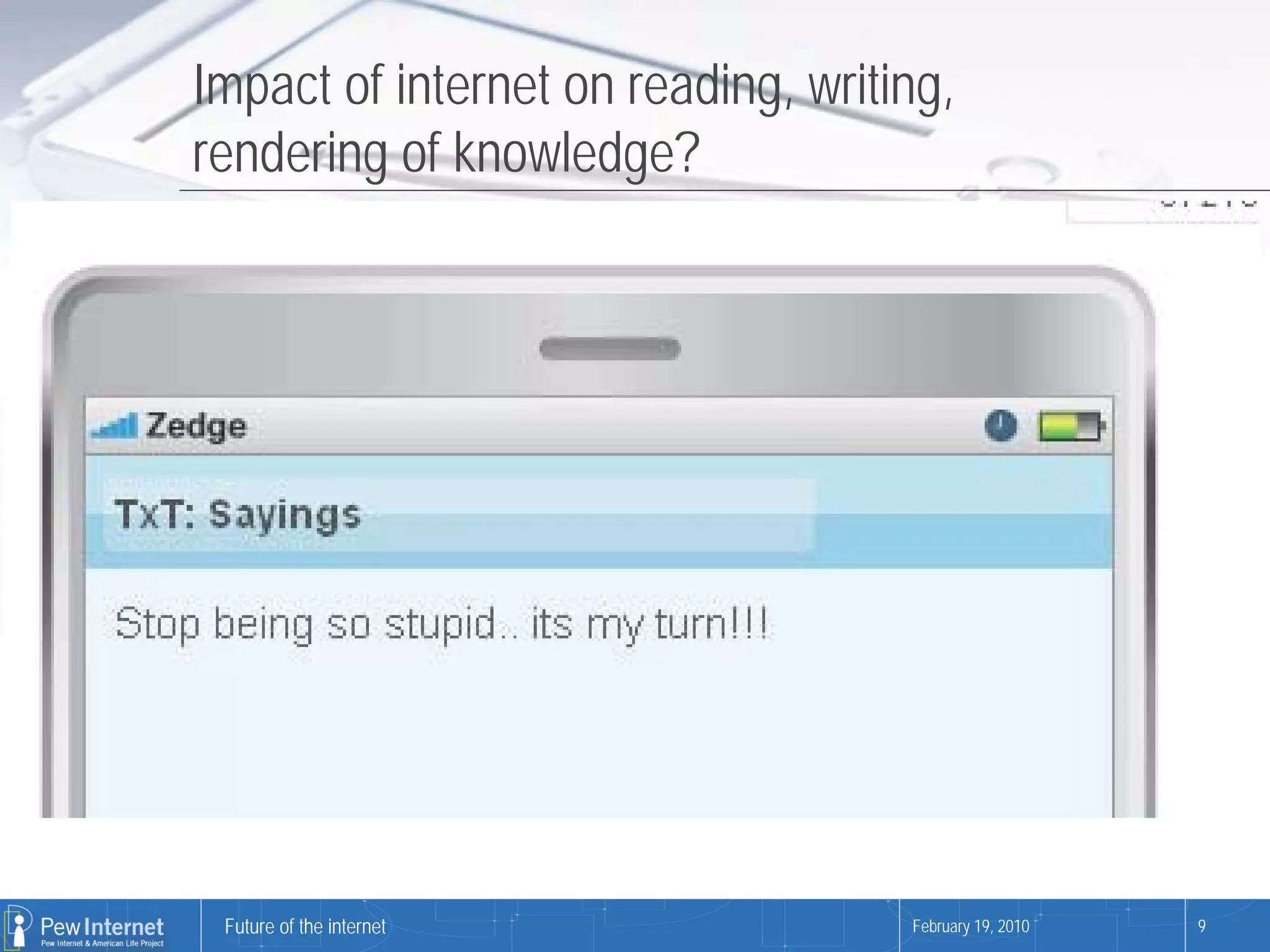 Impact of internet on reading, writing,
rendering of knowledge?




 Future of the internet             February 19, 2010   9
 