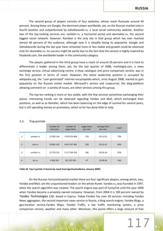 RUSSIA


        The second group of players consists of four websites, whose reach fluctuate around 40
percent. Among these are Google, the dominant player worldwide, yet, on the Russian market only in
fourth position and outperformed by odnoklassniki.ru, a local social community website. Another
two of the top-ranking services are: rambler.ru, a horizontal portal and vkontakte.ru, the second
biggest social network. However, Rambler is the only site in that group which has ever reached
almost 60 percent of the audience, although now it is steadily losing its popularity. Google and
Odnoklassniki during the last year have remained more or less stable and growth could be observed
only for vkontakte.ru. Its success might be partly due to the fact that this service is highly inspired by
facebook.com, the worldwide leader in the community category.

        The players gathered in the third group have a reach of around 20 percent and it is hard to
differentiate a leader among them, yet, for the last quarter of 2008, marketgid.com, a news
exchange service, virtual advertising centre, e-shop catalogue and price comparison service, was in
the first position in terms of reach. However, the latest leadership position is occupied by
wikipedia.org, the “user-generated” internet encyclopedia which, since August 2008, started to gain
popularity on the Russian online market. Microsoft’s service and Livejournal, the blog-platform
allowing comment on a variety of issues, are other services among this group.

         The top ten ranking is more or less stable, with the few services sometimes exchanging their
places. Interesting trends can be observed regarding Yandex and Mail, which exchanged their
positions, as well as to Rambler, which has been balancing on the edge of survival for several years,
but is still spending money on promotion, which so far has done little to help.



1.2.     Top portals
                             number of      number of       page views    average time
                                                                                         reach
                             real users     page views       per user       per user


 1         yandex.ru        22 085 144     3 929 923 898       178          05:12:01     73%


 2          mail.ru         20 801 435     6 815 547 981       328          05:41:42     69%


 3        rambler.ru        12 750 523     2 117 594 763       166          03:24:34     42%


 4          rbc.ru           4 266 202      201 297 655        47           02:49:26     14%


Table 34 Top 5 portals in Russia by reach level (gemiusAudience, January 2009)



       On the Russian horizontal portal market there are four significant players, among which, two,
Yandex and Mail, are the unquestioned leaders on the whole Runet. Yandex.ru, was founded in 1997,
when the search algorithm was created. The search engine was part of CompTek until the year 2000
when Yandex became a privately owned company. However, from 2004 it is 100 percent owned by
Yandex Technologies Ltd. based in Cyprus. Today Yandex has over 20 services including Yandex
News aggregator, the second important news service in Russia, a blog search engine, Yandex Blogs, a
geo-location service,Yandex Maps, Yandex Traffic, a live traffic monitoring system, a price
comparison service, weather and many other. Moreover, this portal offers a large amount of free
 