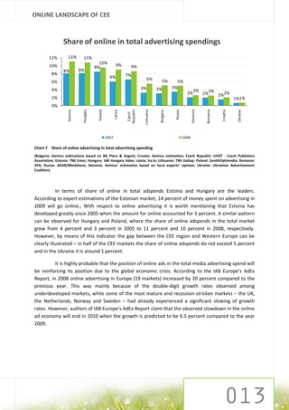 ONLINE LANDSCAPE OF CEE


                 Share of online in total advertising spendings
        12%         11%        11%
                                          10%              9%
        10%                             8%                             9%
                 8%          8%
          8%                                                      7%
                                                    6%                            6%
          6%                                                                                   5%          5%
                                                                             3%           3%          3%
          4%                                                                                                              3%           3%
                                                                                                                  2%              2%         2%2%
          2%                                                                                                                                            1%1%
          0%




                                                                  Republic




                                                                                                                       Slovenia
                                                                              Lithuania




                                                                                                                                   Romania
                                         Poland




                                                                                           Bulgaria
                              Hungary




                                                         Latvia




                                                                                                                                              Croatia
                                                                                                       Russia




                                                                                                                                                         Ukraine
                   Estonia




                                                                   Czech

                                                  2007                                                          2008

Chart 7 Share of online advertising in total advertising spending
(Bulgaria: Gemius estimations based on BG Piero & Argent; Croatia: Gemius estimation; Czech Republic: UVDT - Czech Publishers
Association; Estonia: TNS Emor; Hungary: IAB Hungary Adex; Latvia: lra.lv; Lithuania: TNS Gallup; Poland: ZenithOptimedia; Romania:
GFK; Russia: AKAR/Mindshare; Slovenia: Gemius' estimation based on local experts’ opinion; Ukraine: Ukrainian Advertisement
Coalition)




           In terms of share of online in total adspends Estonia and Hungary are the leaders.
According to expert estimations of the Estonian market, 14 percent of money spent on advertising in
2009 will go online., With respect to online advertising it is worth mentioning that Estonia has
developed greatly since 2005 when the amount for online accounted for 3 percent. A similar pattern
can be observed for Hungary and Poland, where the share of online adspends in the total market
grew from 4 percent and 3 percent in 2005 to 11 percent and 10 percent in 2008, respectively.
However, by means of this indicator the gap between the CEE region and Western Europe can be
clearly illustrated – in half of the CEE markets the share of online adspends do not exceed 5 percent
and in the Ukraine it is around 1 percent.

          It is highly probable that the position of online ads in the total media advertising spend will
be reinforcing its position due to the global economic crisis. According to the IAB Europe’s AdEx
Report, in 2008 online advertising in Europe (19 markets) increased by 20 percent compared to the
previous year. This was mainly because of the double-digit growth rates observed among
underdeveloped markets, while some of the most mature and recession-stricken markets – the UK,
the Netherlands, Norway and Sweden – had already experienced a significant slowing of growth
rates. However, authors of IAB Europe’s AdEx Report claim that the observed slowdown in the online
ad economy will end in 2010 when the growth is predicted to be 6.5 percent compared to the year
2009.
 