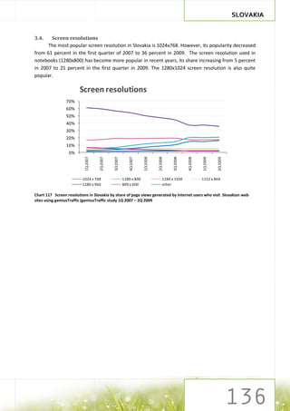 SLOVAKIA


3.4.   Screen resolutions
      The most popular screen resolution in Slovakia is 1024x768. However, its popularity decreased
from 61 percent in the first quarter of 2007 to 36 percent in 2009. The screen resolution used in
notebooks (1280x800) has become more popular in recent years, its share increasing from 5 percent
in 2007 to 21 percent in the first quarter in 2009. The 1280x1024 screen resolution is also quite
popular.

                        Screen resolutions
                 70%
                 60%
                 50%
                 40%
                 30%
                 20%
                 10%
                  0%
                           1Q 2007


                                     2Q 2007


                                               3Q 2007


                                                            4Q 2007


                                                                      1Q 2008


                                                                                2Q 2008


                                                                                           3Q 2008


                                                                                                     4Q 2008


                                                                                                               1Q 2009


                                                                                                                         2Q 2009
                         1024 x 768                      1280 x 800                  1280 x 1024               1152 x 864
                         1280 x 960                      800 x 600                   other

Chart 117 Screen resolutions in Slovakia by share of page views generated by internet users who visit Slovakian web
sites using gemiusTraffic (gemiusTraffic study 1Q 2007 – 2Q 2009
 