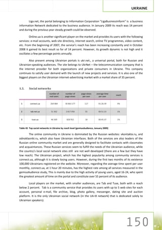 UKRAINE


       Liga.net, the portal belonging to Information Corporation "LigaBusinessInform" is a business
information Network dedicated to the business audience. In January 2009 its reach was 14 percent
and during the previous year steady growth could be observed.

         Online.ua is another significant player on the market and provides its users with the following
services: e-mail accounts, web site directory, internet search, online TV programmes, video content,
etc. From the beginning of 2007, the service’s reach has been increasing constantly and in October
2008 it gained its best result so far of 14 percent. However, its growth dynamic is not high and it
oscillates a few percentage points annually.

        Also present among Ukrainian portals is ukr.net., a universal portal, both for Russian and
Ukrainian-speaking audiences. The site belongs to UkrNet – the telecommunication company that is
the internet provider for both organizations and private consumers in Ukraine. This company
continues to satisfy user demand with the launch of new projects and services. It is also one of the
biggest players on the Ukrainian internet-advertising market with a market share of 35 percent.


1.3.     Social networks
                            number of      number of       page views    average time
                                                                                        reach
                            real users     page views       per user       per user


 1        connect.ua         264 884        30 863 177        117          01:26:39      4%


 2        tab.net.ua          51 362        2 817 056          55          00:51:23      1%


 3          tuse.ua           46 569         828 952           18          00:45:37      1%


Table 45 Top social networks in Ukraine by reach level (gemiusAudience, January 2009)

        The online community in Ukraine is dominated by the Russian websites: vkontakte.ru, and
odnoklasniki.ru, which also have Ukrainian interfaces. Both of the services are also leaders of the
Russian online community market and are generally designed to facilitate contacts with classmates
and acquaintances. These Russian services seem to fulfill the needs of the Ukrainian audience, while
the country’s local social network sites still are not well developed (there are a few but they have
low reach). The Ukrainian project, which has the highest popularity among community services is
connect.ua, although it is slowly losing users. However, during the first two months of its existence
100,000 Ukrainians registered on the website. Moreover, regarding the average time spent per user
monthly, connect.ua, at 1 hour 20 minutes, has the highest rate among all services measured in the
gemiusAudience study, This is mainly due to the high activity of young users, aged 16-24, who spent
the greatest amount of time on the portal and constitute over 55 percent of its audience.

        Local players on the market, with smaller audiences, are Tab and Tuse, both with a reach
below 2 percent. Tab is a community service that provides its users with up to 5 web sites for each
account, personal e-mail, file archive, blog, photo gallery, messenger, dating site and auction
platform. It is the only Ukrainian social network (in the UA-IX network) that is dedicated solely to
Ukrainian speakers).
 