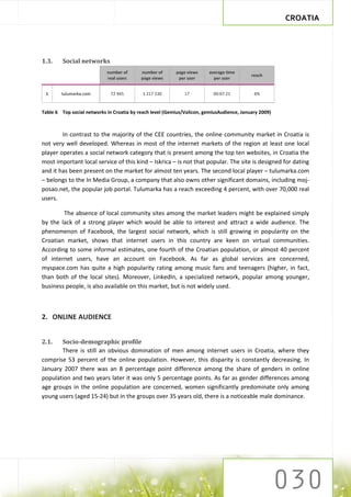 CROATIA




1.3.     Social networks
                            number of      number of      page views     average time
                                                                                           reach
                            real users     page views      per user        per user


 1      tulumarka.com         72 945        1 217 530         17           00:07:21         4%


Table 6 Top social networks in Croatia by reach level (Gemius/Valicon, gemiusAudience, January 2009)



        In contrast to the majority of the CEE countries, the online community market in Croatia is
not very well developed. Whereas in most of the internet markets of the region at least one local
player operates a social network category that is present among the top ten websites, in Croatia the
most important local service of this kind – Iskrica – is not that popular. The site is designed for dating
and it has been present on the market for almost ten years. The second local player – tulumarka.com
– belongs to the In Media Group, a company that also owns other significant domains, including moj-
posao.net, the popular job portal. Tulumarka has a reach exceeding 4 percent, with over 70,000 real
users.

        The absence of local community sites among the market leaders might be explained simply
by the lack of a strong player which would be able to interest and attract a wide audience. The
phenomenon of Facebook, the largest social network, which is still growing in popularity on the
Croatian market, shows that internet users in this country are keen on virtual communities.
According to some informal estimates, one fourth of the Croatian population, or almost 40 percent
of internet users, have an account on Facebook. As far as global services are concerned,
myspace.com has quite a high popularity rating among music fans and teenagers (higher, in fact,
than both of the local sites). Moreover, LinkedIn, a specialized network, popular among younger,
business people, is also available on this market, but is not widely used.



2. ONLINE AUDIENCE


2.1.   Socio-demographic profile
       There is still an obvious domination of men among internet users in Croatia, where they
comprise 53 percent of the online population. However, this disparity is constantly decreasing. In
January 2007 there was an 8 percentage point difference among the share of genders in online
population and two years later it was only 5 percentage points. As far as gender differences among
age groups in the online population are concerned, women significantly predominate only among
young users (aged 15-24) but in the groups over 35 years old, there is a noticeable male dominance.
 