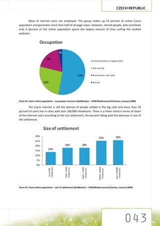 CZECH REPUBLIC


       Most of internet users are employed. This group makes up 53 percent of online Czech
population and generates more than half of all page views. However, retired people, who constitute
only 4 percent of the online population spend the largest amount of time surfing the studied
websites.


                   Occupation

                                         3%

                         18%
                                                                             Employed (also on irregular basis)


                                                                             Not working


                                                            53%              Businessman, sale trader


                       26%                                                   Retired




Chart 34 Czech online population – occupation structure (NetMonitor – SPIR/Mediaresearch/Gemius, January 2009)

         The Czech internet is still the domain of people settled in the big cites and more than 50
percent of users live in cities with over 100,000 inhabitants. There is a linear trend in terms of share
of the internet users according to the size settlement, the percent falling with the decrease in size of
the settlement.


                      Size of settlement
               30%                                                                                      26%
                                                                                   25%
               25%
               20%                            18%             18%
               15%
                           13%

               10%
                5%
                0%
                                              1000 - 4999
                           inhabitants




                                                                                   20000 - 99999
                                                              5000 - 19999
                                              inhabitants




                                                                                                        Over 100000
                                                                                                         inhabitants
                                                               inhabitants
                            Up to 999




                                                                                    inhabitants




Chart 35 Czech online population – size of settlement (NetMonitor – SPIR/Mediaresearch/Gemius, January 2009)
 