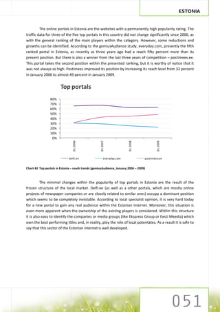 ESTONIA


         The online portals in Estonia are the websites with a permanently high popularity rating. The
traffic data for three of the five top portals in this country did not change significantly since 2006, as
with the general ranking of the main players within the category. However, some reductions and
growths can be identified. According to the gemiusAudience study, everyday.com, presently the fifth
ranked portal in Estonia, as recently as three years ago had a reach fifty percent more than its
present position. But there is also a winner from the last three years of competition – postimees.ee.
This portal takes the second position within the presented ranking, but it is worthy of notice that it
was not always so high. Postimees improved its position by increasing its reach level from 32 percent
in January 2006 to almost 49 percent in January 2009.


                        Top portals
                 80%
                 70%
                 60%
                 50%
                 40%
                 30%
                 20%
                 10%
                  0%
                                 01.2006




                                                    01.2007




                                                                        01.2008




                              delfi.ee                  everyday.com                       01.2009
                                                                                   postimees.ee


Chart 43 Top portals in Estonia – reach trends (gemiusAudience, January 2006 – 2009)



          The minimal changes within the popularity of top portals in Estonia are the result of the
frozen structure of the local market. Delfi.ee (as well as a other portals, which are mostly online
projects of newspaper companies or are closely related to similar ones) occupy a dominant position
which seems to be completely inviolable. According to local specialist opinion, it is very hard today
for a new portal to gain any real audience within the Estonian internet. Moreover, this situation is
even more apparent when the ownership of the existing players is considered. Within this structure
it is also easy to identify the companies or media groups (like Ekspress Group or Eesti Meedia) which
own the best performing titles and, in reality, play the role of local potentates. As a result it is safe to
say that this sector of the Estonian internet is well developed.
 