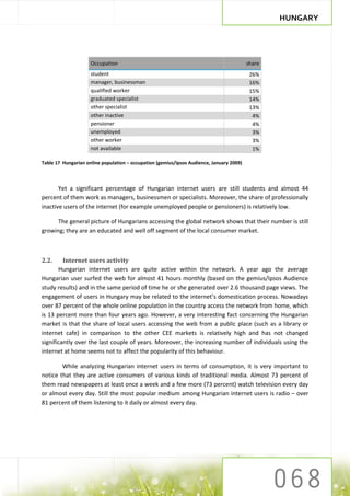 HUNGARY




                     Occupation                                                           share
                     student                                                               26%
                     manager, businessman                                                  16%
                     qualified worker                                                      15%
                     graduated specialist                                                  14%
                     other specialist                                                      13%
                     other inactive                                                         4%
                     pensioner                                                              4%
                     unemployed                                                             3%
                     other worker                                                           3%
                     not available                                                          1%

Table 17 Hungarian online population – occupation (gemius/Ipsos Audience, January 2009)



       Yet a significant percentage of Hungarian internet users are still students and almost 44
percent of them work as managers, businessmen or specialists. Moreover, the share of professionally
inactive users of the internet (for example unemployed people or pensioners) is relatively low.

      The general picture of Hungarians accessing the global network shows that their number is still
growing; they are an educated and well off segment of the local consumer market.



2.2.     Internet users activity
       Hungarian internet users are quite active within the network. A year ago the average
Hungarian user surfed the web for almost 41 hours monthly (based on the gemius/Ipsos Audience
study results) and in the same period of time he or she generated over 2.6 thousand page views. The
engagement of users in Hungary may be related to the internet’s domestication process. Nowadays
over 87 percent of the whole online population in the country access the network from home, which
is 13 percent more than four years ago. However, a very interesting fact concerning the Hungarian
market is that the share of local users accessing the web from a public place (such as a library or
internet cafe) in comparison to the other CEE markets is relatively high and has not changed
significantly over the last couple of years. Moreover, the increasing number of individuals using the
internet at home seems not to affect the popularity of this behaviour.

        While analyzing Hungarian internet users in terms of consumption, it is very important to
notice that they are active consumers of various kinds of traditional media. Almost 73 percent of
them read newspapers at least once a week and a few more (73 percent) watch television every day
or almost every day. Still the most popular medium among Hungarian internet users is radio – over
81 percent of them listening to it daily or almost every day.
 
