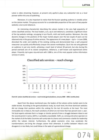 LATVIA


Latvia is video streaming; however, at present only apollo.lv plays any substantial role as a local
pioneer within this area of publishing.

        Moreover, it is also important to notice that the Russian speaking audience is notably active
on the Latvian market. This group accounts for a considerable proportion of the users of two popular
websites: one.lv and reklama.lv.

        An interesting characteristic describing the Latvian market is the very high popularity of
online classifieds services. The local leaders, ss.lv, zip.lv and reklama.lv, constitute a significant share
of the top website rankings, occupying in turn fourth, ninth and tenth position. Moreover, the only
dynamic changes in the positions of the major market players over the last couple of years can be
observed only in this group of online services. The appearance of a new player – zip.lv – in June 2008,
disturbed the order and stability of the existing ranking and demonstrated how a well prepared
newcomer can quickly and effectively conquer the Latvian marketplace. Zip.lv has not only gathered
an audience in just one month, achieving a reach level of almost 30 percent, but also during this
period overtook one of its closest competitors, reklama.lv, a well known and experienced online
player. Presently zip.lv goes nip-and-tuck with 1188.lv, one of the most popular online information
services in Latvia.


                        Classified ads services - reach change
                 60%
                 50%
                 40%
                 30%
                 20%
                 10%
                  0%
                          01.2008

                                    02.2008

                                              03.2008

                                                        04.2008

                                                                  05.2008




                                                                                                          09.2008

                                                                                                                    10.2008

                                                                                                                              11.2008

                                                                                                                                        12.2008
                                                                            06.2008

                                                                                      07.2008

                                                                                                08.2008




                                                                                                                                                  01.2009




                                        reklama.lv                                     ss.lv                                   zip.lv


Chart 64 Latvian classified ads services – reach trends (gemiusAudience, January 2008 – 2009, monthly data)



        Apart from the above mentioned case, the leaders of the Latvian online market seem to be
stable brands. According to the gemiusAudience study, by reach level, the three dominant websites
did not change their positions within the ranking for the last 18 months at the least. The most
immovable one is inbox.lv, the reach variations of which are not more than two percent over a year.
Yet local experts estimate that in a longer or shorter period of time a struggle between inbox.lv and
the second portal in Latvia, delfi.lv, is probably unavoidable. Delfi, as a strong and active operator on
the market of all the Baltic Countries will surely take its chance and commence a battle for leadership
within the Latvian internet. Furthermore, the global economic crisis may accelerate the
transformations and bring the changes sooner than otherwise. A conflict between inbox.lv and
draugiem.lv is less likely, but could follow in the wake of a generational change.
 