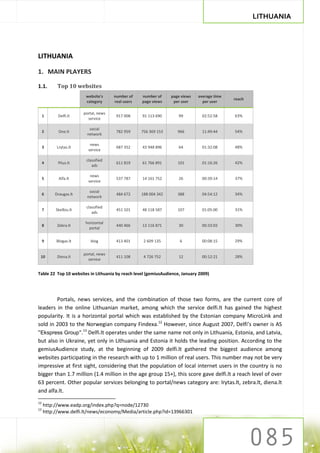 LITHUANIA




LITHUANIA

1. MAIN PLAYERS

1.1.       Top 10 websites
                        website's     number of    number of     page views   average time
                                                                                             reach
                        category      real users   page views     per user      per user

                       portal, news
     1     Delfi.lt                    917 008     91 113 690       99          02:52:58     63%
                         service

                         social
     2      One.lt                     782 959     756 369 153      966         11:49:44     54%
                        network

                          news
     3     Lrytas.lt                   687 352     43 948 896       64          01:32:08     48%
                         service

                        classified
     4     Plius.lt                    611 819     61 766 891       101         01:16:26     42%
                           ads

                          news
     5      Alfa.lt                    537 787     14 161 752       26          00:39:14     37%
                         service

                         social
     6    Draugas.lt                   484 672     188 004 342      388         04:54:12     34%
                        network

                        classified
     7    Skelbiu.lt                   451 101     48 118 587       107         01:05:00     31%
                           ads

                        horizontal
     8     Zebra.lt                    440 466     13 116 871       30          00:33:03     30%
                          portal


     9    Blogas.lt       blog         413 401      2 609 135        6          00:08:15     29%


                       portal, news
 10        Diena.lt                    411 108      4 726 752       12          00:12:21     28%
                         service


Table 22 Top 10 websites in Lithuania by reach level (gemiusAudience, January 2009)




        Portals, news services, and the combination of those two forms, are the current core of
leaders in the online Lithuanian market, among which the service delfi.lt has gained the highest
popularity. It is a horizontal portal which was established by the Estonian company MicroLink and
sold in 2003 to the Norwegian company Findexa.12 However, since August 2007, Delfi’s owner is AS
"Ekspress Group".13 Delfi.lt operates under the same name not only in Lithuania, Estonia, and Latvia,
but also in Ukraine, yet only in Lithuania and Estonia it holds the leading position. According to the
gemiusAudience study, at the beginning of 2009 delfi.lt gathered the biggest audience among
websites participating in the research with up to 1 million of real users. This number may not be very
impressive at first sight, considering that the population of local internet users in the country is no
bigger than 1.7 million (1.4 million in the age group 15+), this score gave delfi.lt a reach level of over
63 percent. Other popular services belonging to portal/news category are: lrytas.lt, zebra.lt, diena.lt
and alfa.lt.
12
     http://www.eadp.org/index.php?q=node/12730
13
     http://www.delfi.lt/news/economy/Media/article.php?id=13966301
 