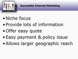 Successful Internet MarketingNiche focusProvide lots of informationOffer easy quoteEasy payment & policy issueAllows larger geographic reach