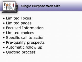 Single Purpose Web SiteLimited FocusLimited pagesFocused InformationLimited choicesSpecific call to actionPre-qualify prospectsAutomatic follow upQuoting process