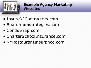 Example Agency Marketing WebsitesInsureNJContractors.comBoardroomstrategies.comCondowrap.comCharterSchoolInsurance.comNYRestaurantInsurance.com