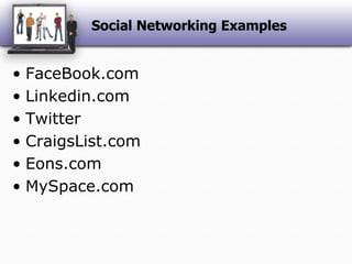 Social Networking ExamplesFaceBook.comLinkedin.comTwitterCraigsList.comEons.comMySpace.com