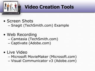 Video Creation ToolsScreen ShotsSnagit (TechSmith.com) ExampleWeb RecordingCamtasia (TechSmith.com)Captivate (Adobe.com)Live VideoMicrosoft MovieMaker (Microsoft.com)Visual Communicator v3 (Adobe.com)