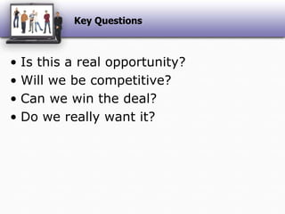 Key QuestionsIs this a real opportunity?Will we be competitive?Can we win the deal?Do we really want it?