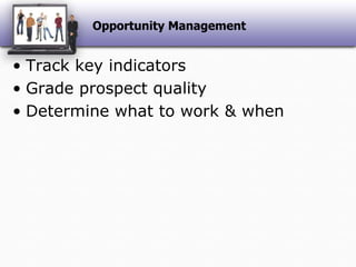 Opportunity ManagementTrack key indicatorsGrade prospect qualityDetermine what to work & when