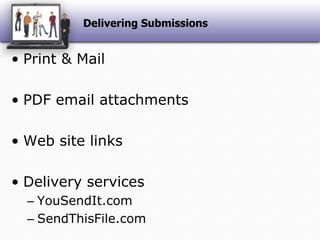 Delivering SubmissionsPrint & MailPDF email attachmentsWeb site linksDelivery servicesYouSendIt.comSendThisFile.com