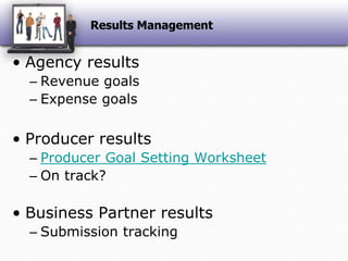Results ManagementAgency resultsRevenue goalsExpense goalsProducer resultsProducer Goal Setting WorksheetOn track?Business Partner resultsSubmission tracking