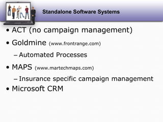 Standalone Software SystemsACT (no campaign management)Goldmine (www.frontrange.com)Automated ProcessesMAPS (www.martechmaps.com)Insurance specific campaign managementMicrosoft CRM