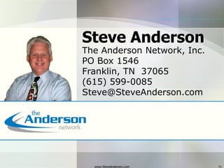 www.SteveAnderson.com71Steve AndersonThe Anderson Network, Inc. PO Box 1546Franklin, TN  37065(615) 599-0085Steve@SteveAnderson.com