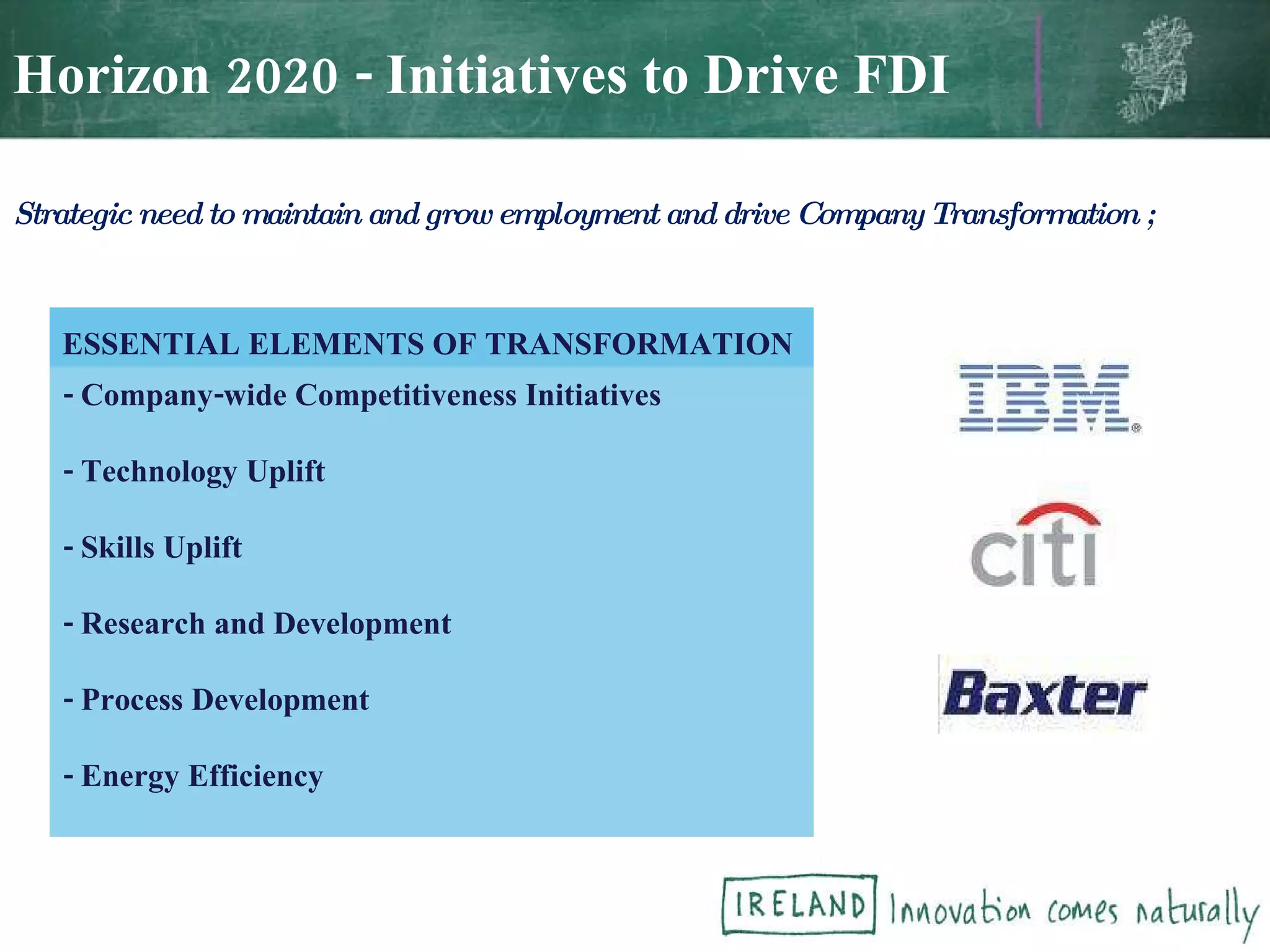 Horizon 2020 - Initiatives to Drive FDI Strategic need to maintain and grow employment and drive Company Transformation ; ESSENTIAL ELEMENTS OF TRANSFORMATION  - Company-wide Competitiveness Initiatives - Technology Uplift - Skills Uplift - Research and Development  - Process Development - Energy Efficiency  