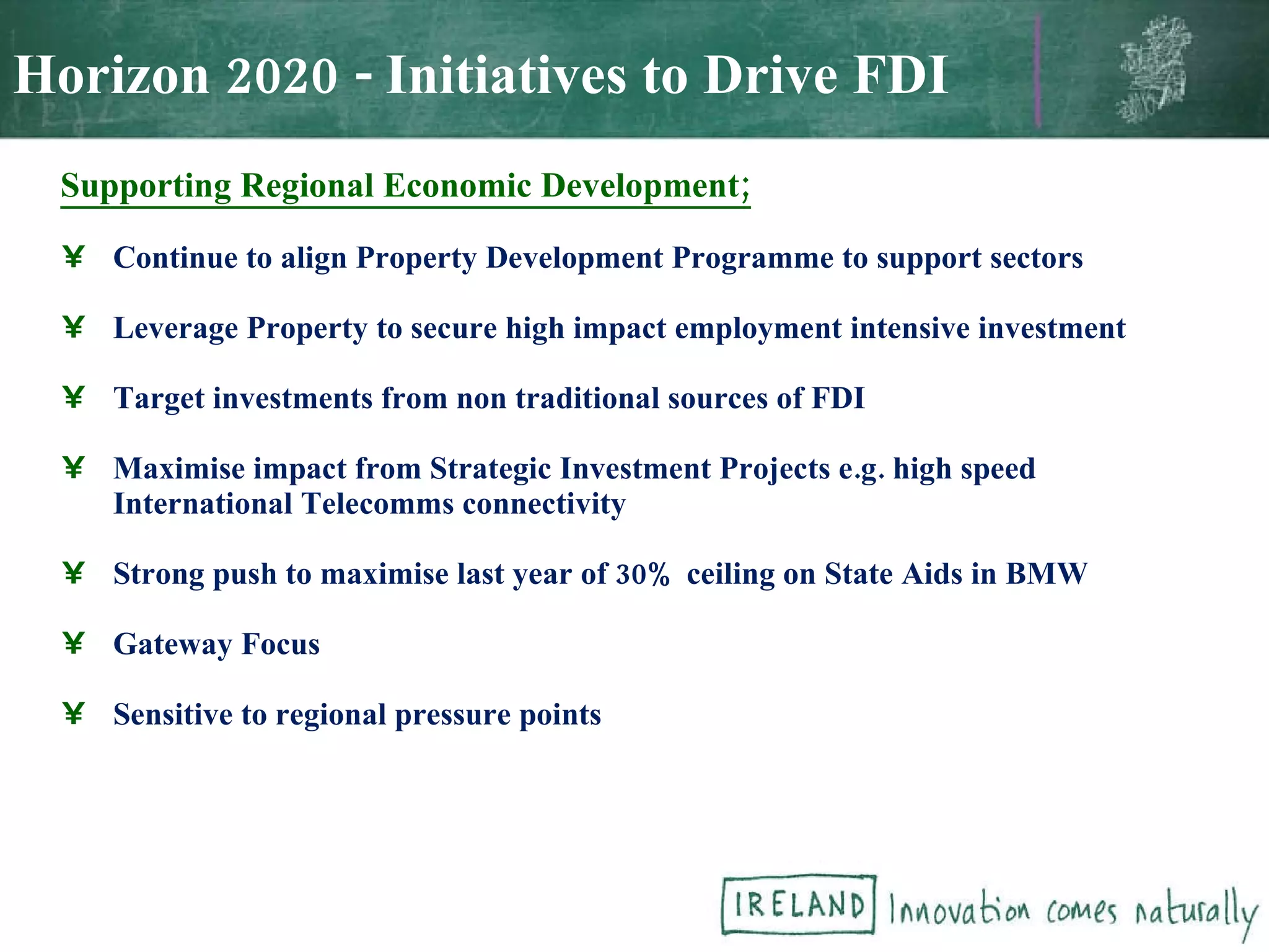 Supporting Regional Economic Development; Continue to align Property Development Programme to support sectors Leverage Property to secure high impact employment intensive investment Target investments from non traditional sources of FDI Maximise impact from Strategic Investment Projects e.g. high speed International Telecomms connectivity Strong push to maximise last year of 30% ceiling on State Aids in BMW Gateway Focus Sensitive to regional pressure points Horizon 2020 - Initiatives to Drive FDI 