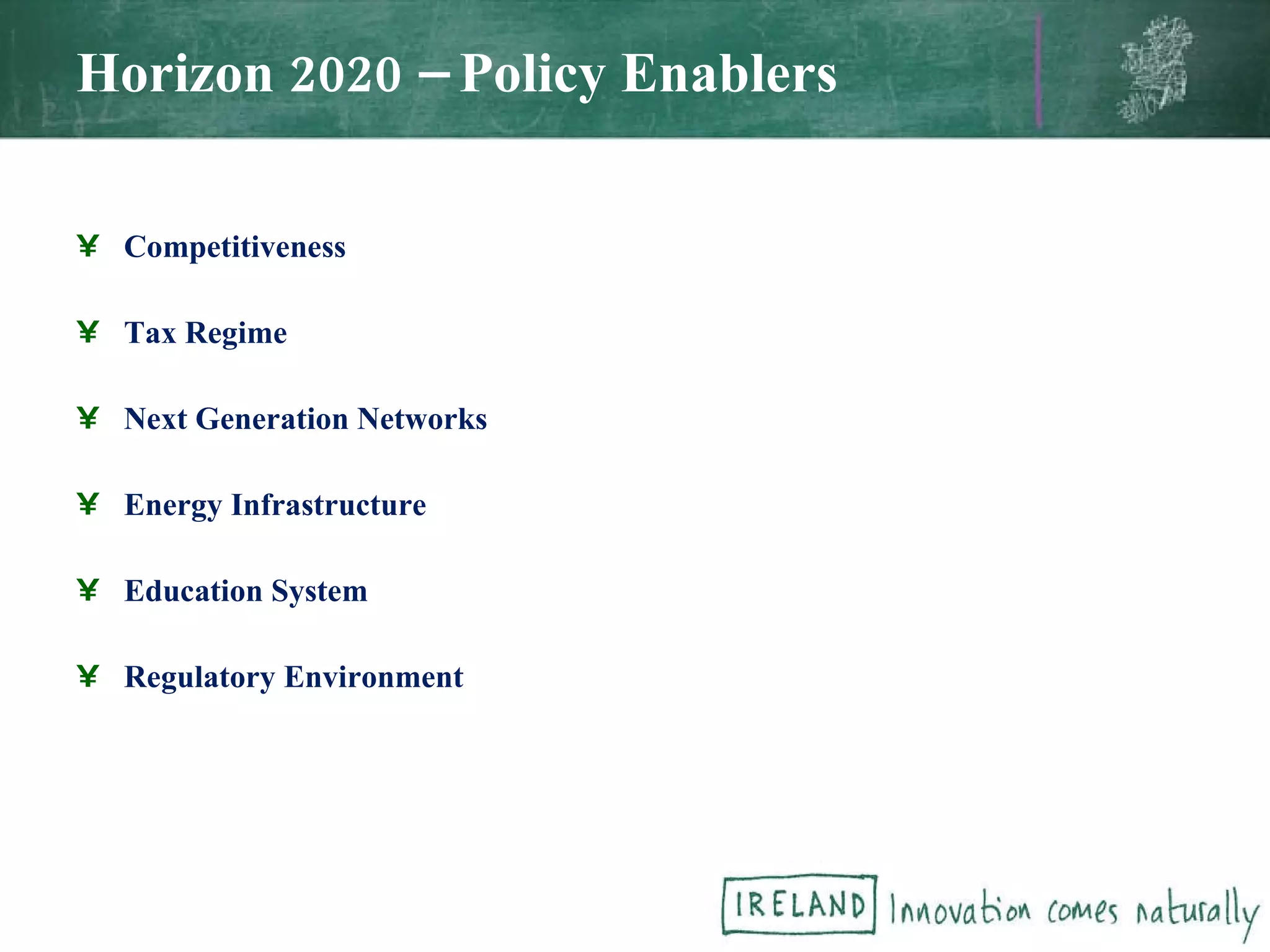Horizon 2020 – Policy Enablers Competitiveness Tax Regime Next Generation Networks Energy Infrastructure Education System Regulatory Environment 