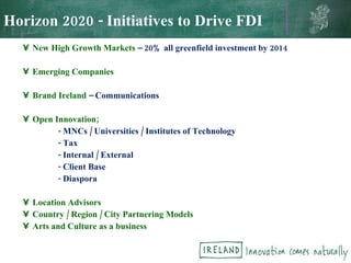 New High Growth Markets   – 20% all greenfield investment by 2014 Emerging Companies Brand Ireland  – Communications Open Innovation; -   MNCs / Universities / Institutes of Technology -  Tax -   Internal / External -  Client Base -  Diaspora Location Advisors Country / Region / City Partnering Models Arts and Culture as a business Horizon 2020 - Initiatives to Drive FDI 