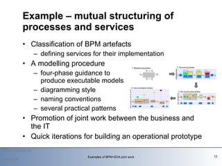 Classification of BPM artefacts defining services for their implementation A modelling procedure four-phase guidance to  produce executable models diagramming style naming conventions several practical patterns Promotion of joint work between the business and the IT Quick iterations for building an operational prototype Example – mutual structuring of processes and services   2010-03-09 Examples of BPM+SOA joint work 
