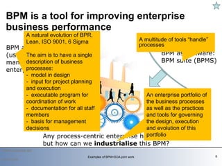 BPM is a tool for improving enterprise business performance    2010-03-09 Examples of BPM+SOA joint work BPM as a discipline  (use processes to  manage an  enterprise) BPM as software: BPM suite (BPMS) Any process-centric enterprise has some BPM, but how can we  industrialise  this BPM? A natural evolution of BPR, Lean, ISO 9001, 6 Sigma The aim is to have a single description   of business processes: -  model in design -  input for project planning and execution -  executable program for coordination of work -  documentation for all staff members -  basis for management decisions An enterprise portfolio of the business processes as well as the practices and tools for governing the design, execution and evolution of this portfolio A multitude of tools “handle” processes 