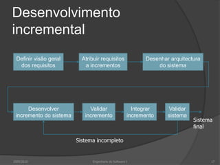 Desenvolvimento incrementalDefinir visão geral dos requisitosAtribuir requisitos a incrementosDesenhar arquitectura do sistemaDesenvolver incremento do sistemaValidar incrementoIntegrar incrementoValidar sistemaSistema finalSistema incompleto2009/201017Engenharia do Software I
