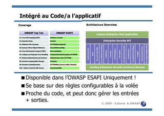 Intégré au Code/a l’applicatif




  isponible dans l’OWASP ESAPI Uniquement !
 D
  e base sur des règles configurables à la volée
 S
  roche du code, et peut donc gérer les entrées
 P
 + sorties.                      © 2009 - S.Gioria & OWASP
 