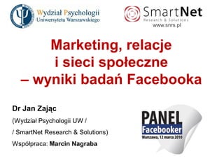 www.snrs.pl



        Marketing, relacje
        i sieci spo eczne
      wyniki bada Facebooka
Dr Jan Zaj c
(Wydzia Psychologii UW /
/ SmartNet Research & Solutions)
Wspó praca: Marcin Nagraba
 