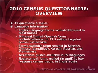 2010 CENSUS QUESTIONNAIRE:
         OVERVIEW

 10 questions; 6 topics.
 Language information:
  – English language forms mailed/delivered to
    most homes
  – Bilingual English-Spanish forms
    mailed/delivered to 13.5 million targeted
    homes nationwide
  – Forms available upon request in Spanish,
    Chinese (simplified), Korean, Russian, and
    Vietnamese
  – Assistance guides available in 59 languages
  – Replacement forms mailed (in April) to low
    response census tracts, in English only
                                                  15
 