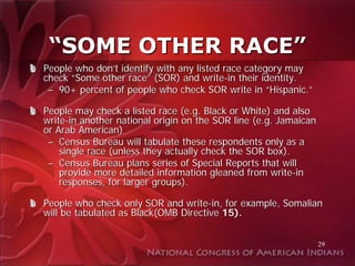 “SOME OTHER RACE”
People who don’t identify with any listed race category may
check “Some other race” (SOR) and write-in their identity.
 – 90+ percent of people who check SOR write in “Hispanic.”

People may check a listed race (e.g. Black or White) and also
write-in another national origin on the SOR line (e.g. Jamaican
or Arab American)
 – Census Bureau will tabulate these respondents only as a
    single race (unless they actually check the SOR box).
 – Census Bureau plans series of Special Reports that will
    provide more detailed information gleaned from write-in
    responses, for larger groups).

People who check only SOR and write-in, for example, Somalian
will be tabulated as Black(OMB Directive 15).


                                                                  29
 