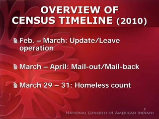 OVERVIEW OF
CENSUS TIMELINE (2010)
 Feb. – March: Update/Leave
 operation

 March – April: Mail-out/Mail-back

 March 29 – 31: Homeless count


                                     5
 
