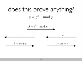 does this prove anything?
               y=g       x
                                  mod p

               S=g   r
     ...