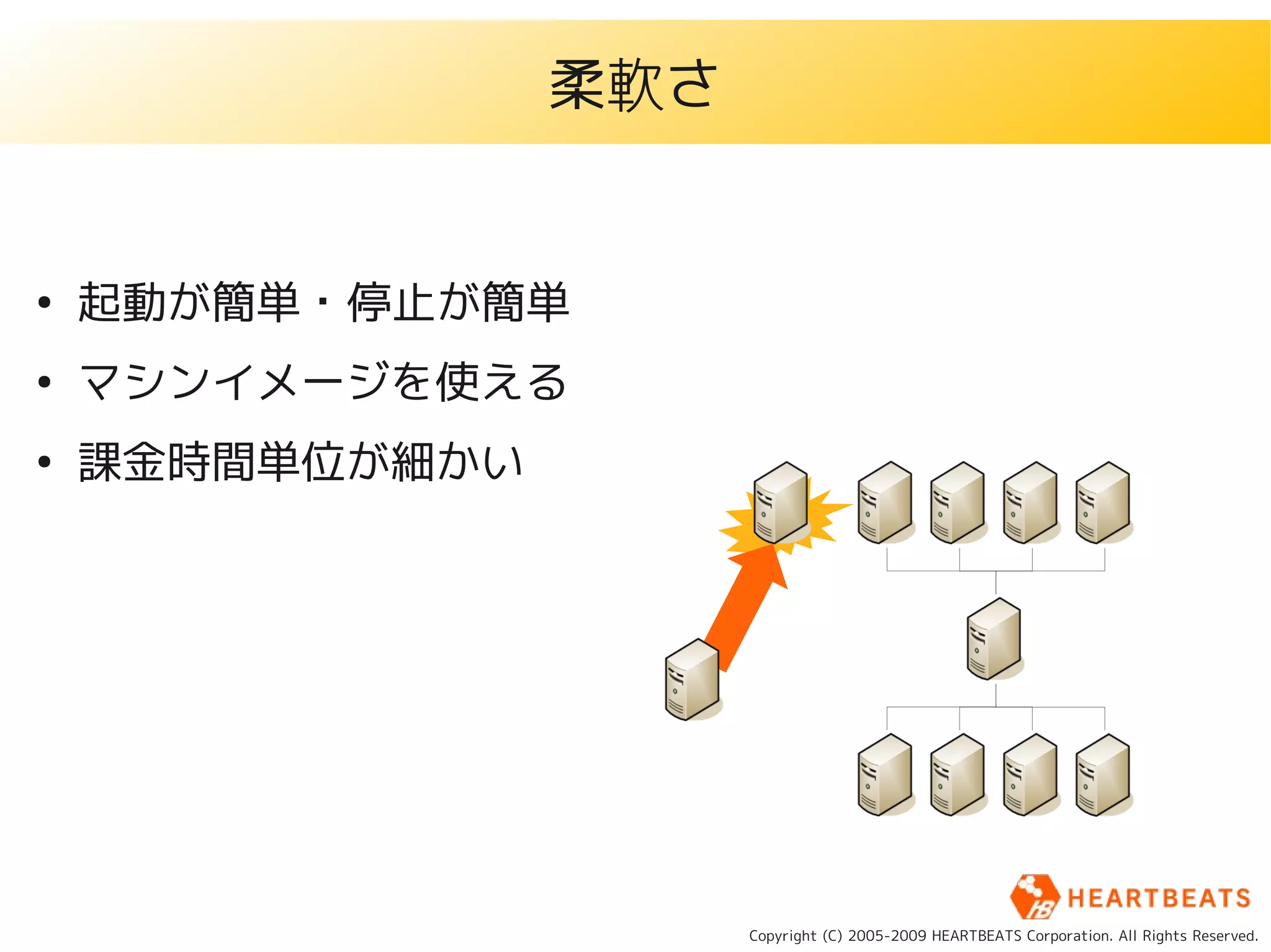 柔軟さ


●
    起動が簡単・停止が簡単
●
    マシンイメージを使える
●
    課金時間単位が細かい




                       Copyright (C) 2005-2009 HEARTBEATS Corporation. All Rights Reserved.
 